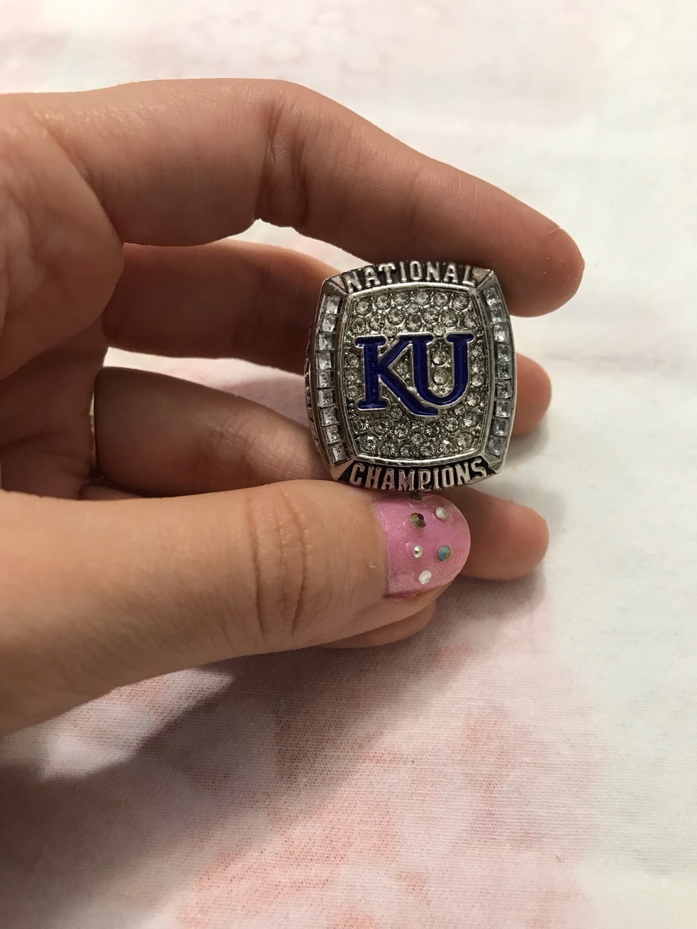 2008 Kansas Jayhawks National Champions Ring with Blue and Yellow Jayhawk Mascot